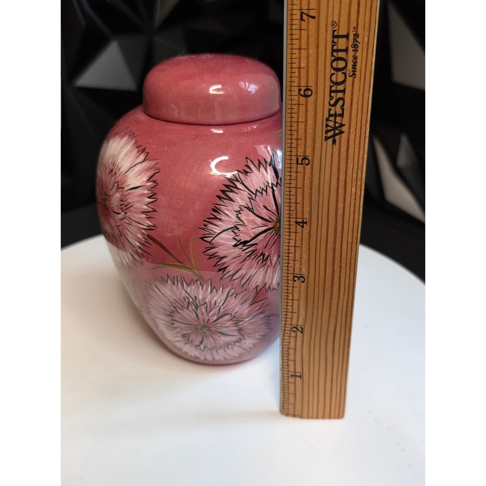 Vintage Signed Hand Painted Pink Floral Ceramic Ginger Jar with Lid 5.75" - Picture 5 of 10